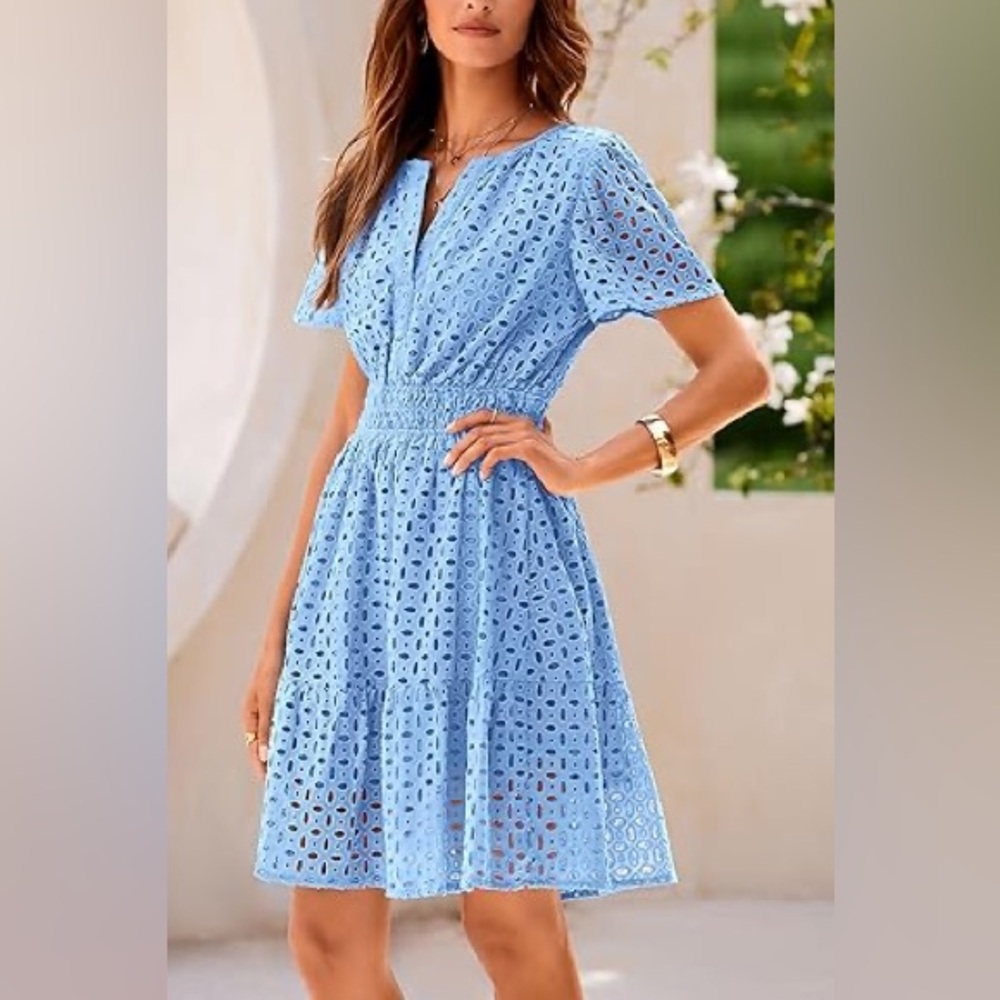 Elegant Light Blue Eyelet Midi Dress